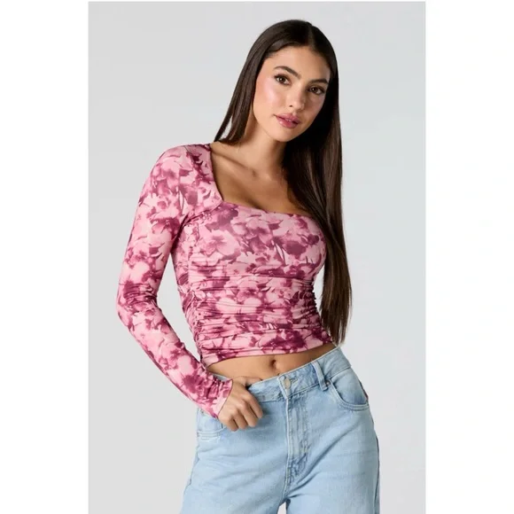 Pink Floral Square Neck Cropped Long Sleeve Top – Ruched, Size Small - Picture 6 of 17